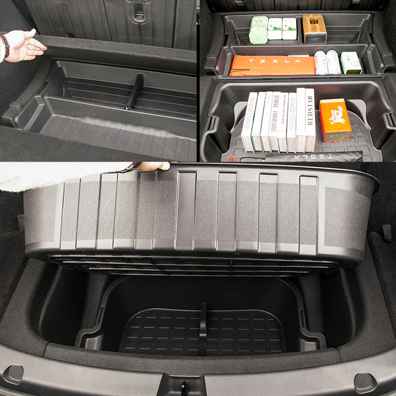 Boîte de rangement à double couche dans le coffre avant et arrière de Tesla Model 3/Y